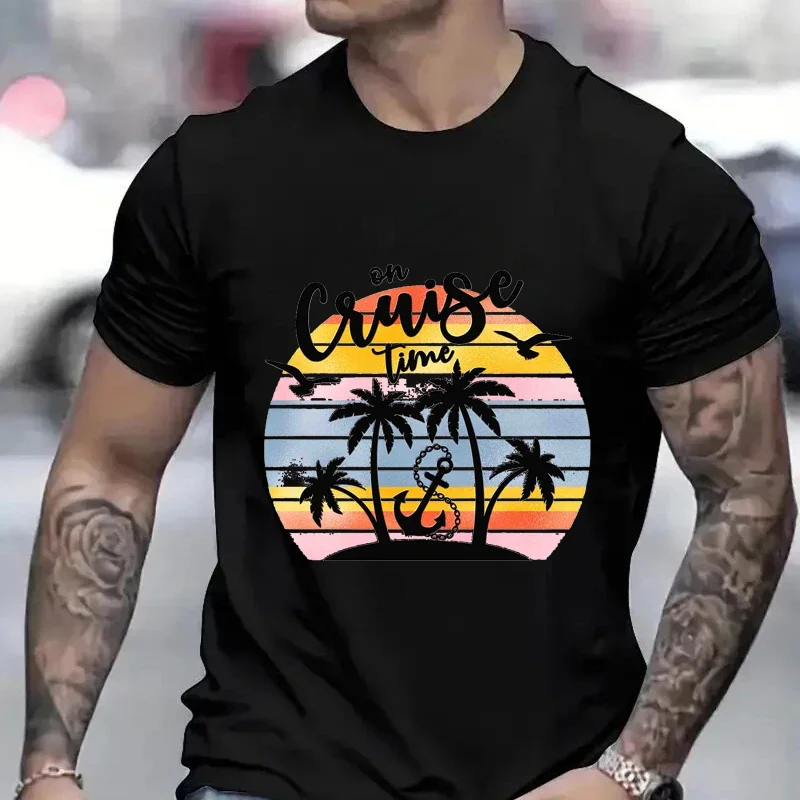 On Cruise Time Print T-shirt for Men Cruise Shirt with Trees Summer Cruising Tshirts Family Vacation Tees Friends Travel Tops