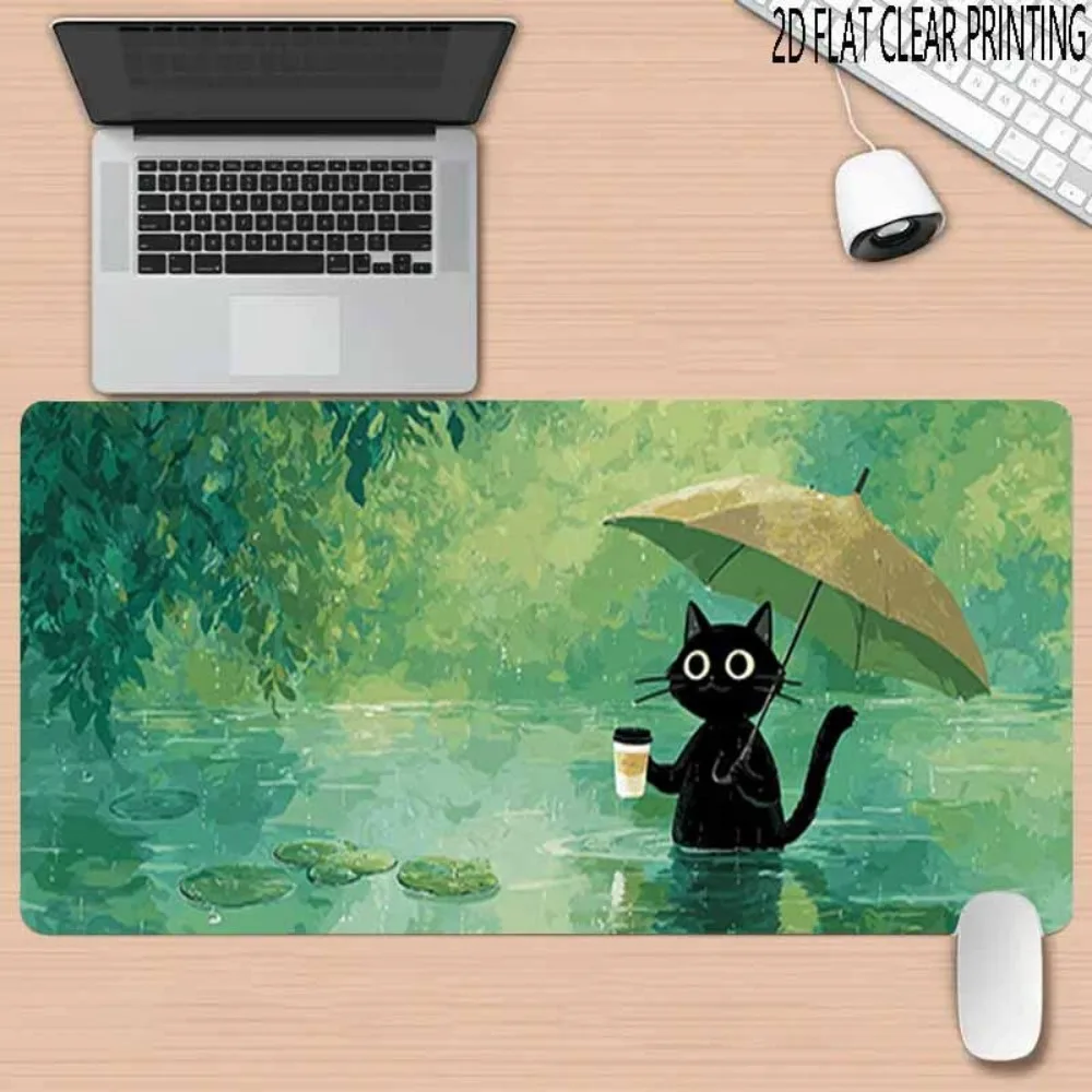 

Большой коврик для мыши с изображением милого черного кота, акварельный коврик для стола с изображением дождливого пруда, нескользящий коврик для клавиатуры, милый природный декор для стола для девочек