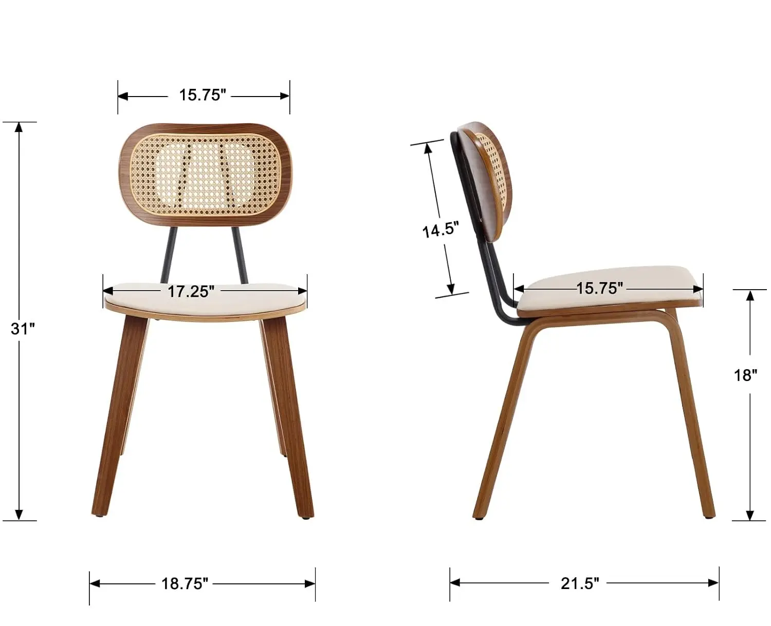 Mid Century Modern Dining Chairs Set of 6, Rattan Back Kitchen Chairs with Solid Wood Frame, Upholstered Faux Leather, Custom