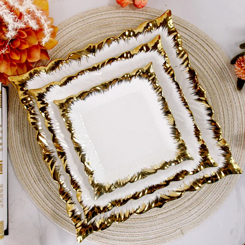Gold Edge Luxury Ceramic Dinnerware Set Western Steak Plate Bowl Buffet Tableware