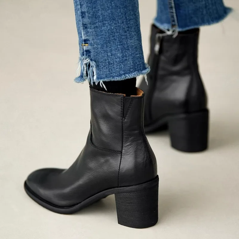 European Vintage Black High-Heel Ankle Bootie Boots Women Shoes Genuine Leather Side-Zip Round-Toe Modern Boots