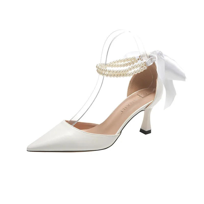 Foreign Trade French High Heels Women's Pointed Head Hollow Pearl Chain Bow Thick Heel Large Size Women's Sandals