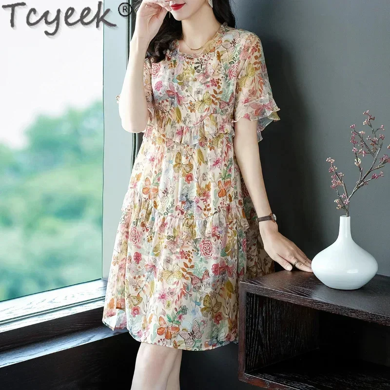 

Summer Tcyeek Print es for Women 23 High-end Elegant 100% Mulberry Silk Womens Dress Short Sleeve Vestidos Para Mujer