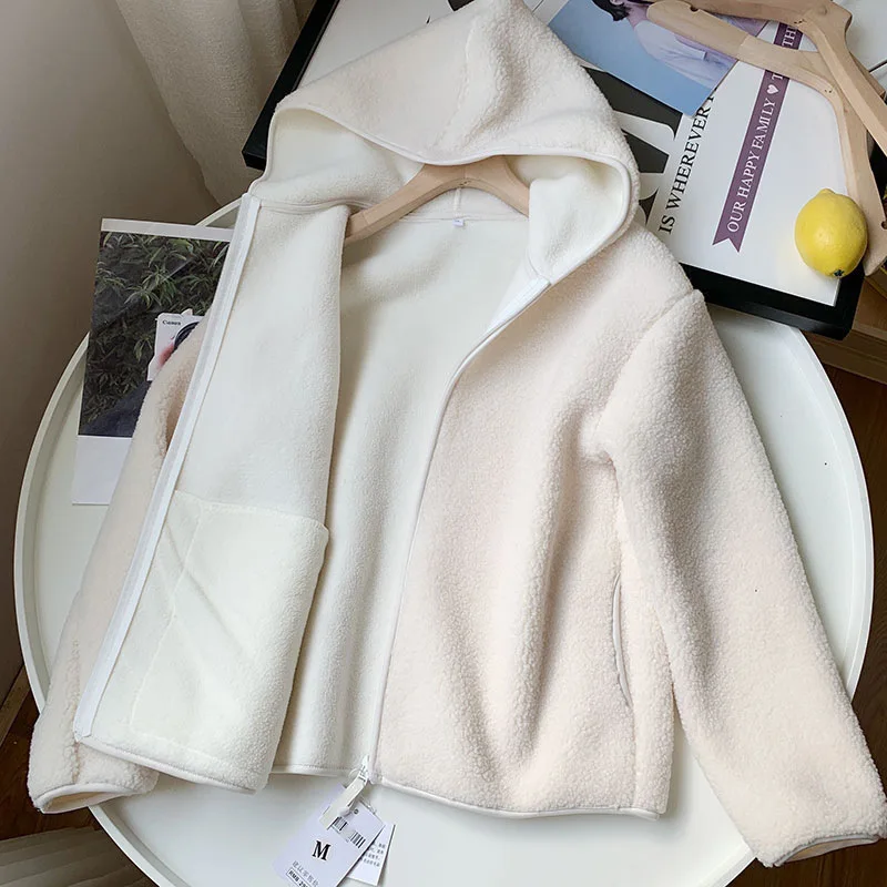 Outono inverno imitação de lã de cordeiro casaco feminino quente polar velo engrossar com capuz curto outerwear moda coreana solto cardigan topos
