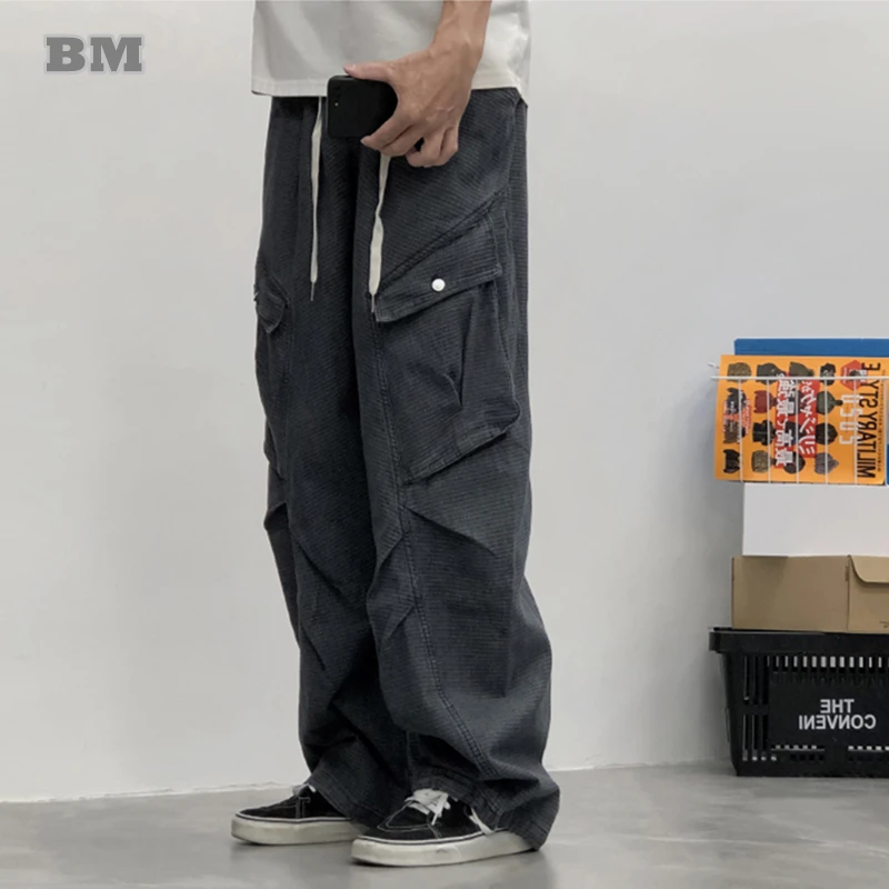 

Japanese Retro Loose Fit Cargo Jeans Unisex Wide Leg Multi Pocket Check Denim Straight Trousers Streetwear Casual Pants Men
