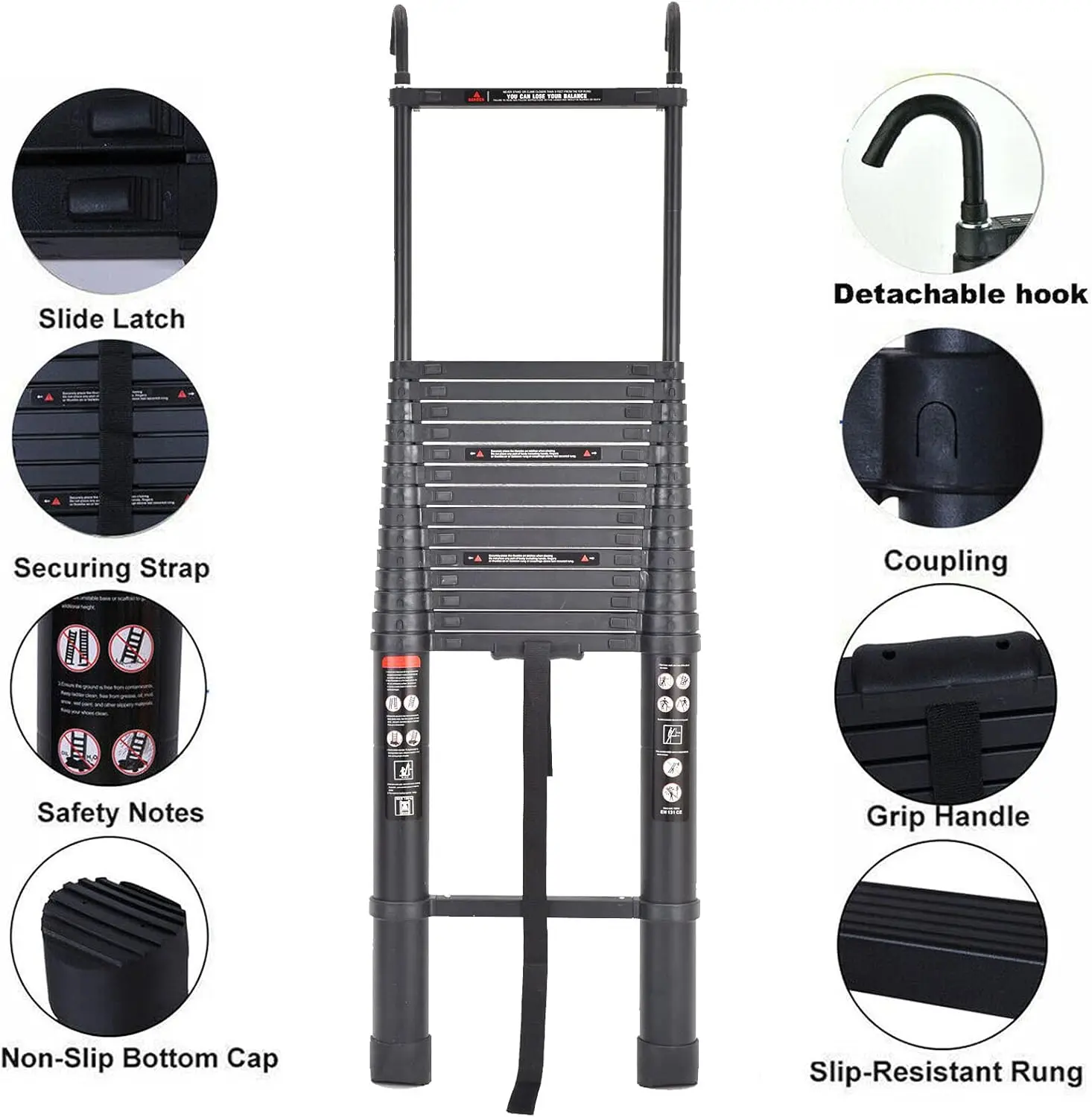 20,3ft/6,2M trapladder aluminium telescopische ladder + afneembare dakhaken, zwart, 330 lbs laadvermogen, 15 stappen in hoogte verstelbaar