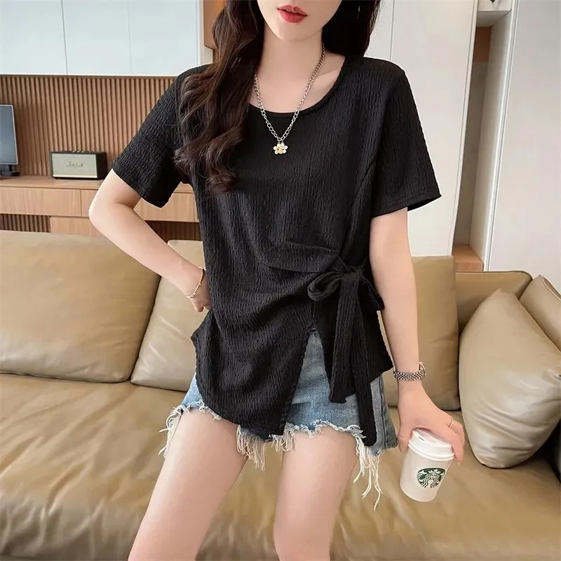 Women's Irregular Tie Waist Short Sleeve T-shirt Solid Color Textured Asymmetrical Hem Slimming Casual Top New Arrival