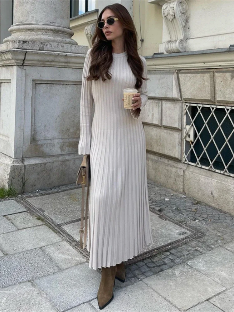 

WeiYao Long Sleeve Round Neck Tight Knit Women Elegant Party Dresses 2023 Autumn Ribbed Maxi Dresses for Women Medium Elasticity