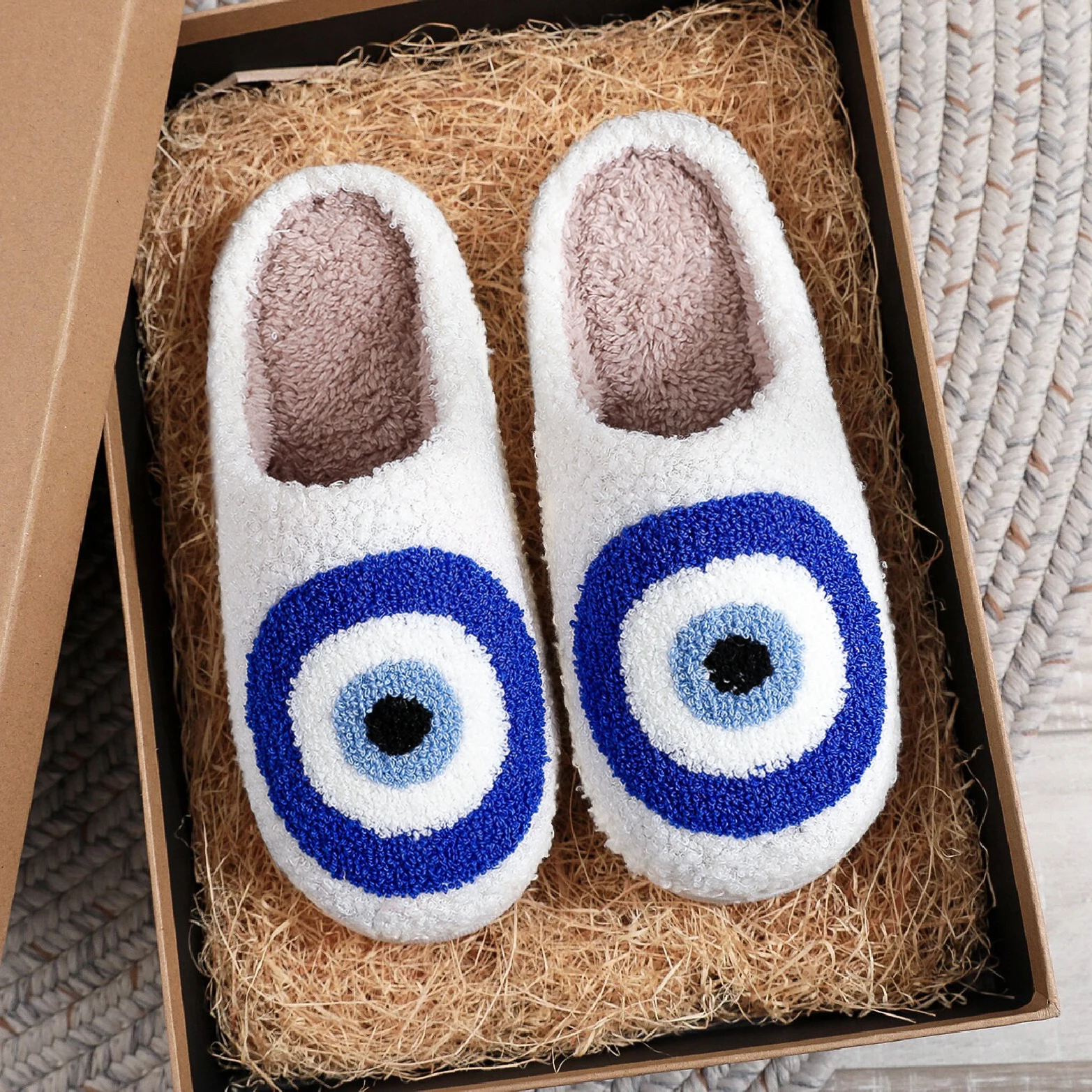 Evil Eyes Pattern Devil\'s Eye Embroidered Home Thick Sole Plaid Furry Cotton Slippers Cute Warm Non-slip Indoor Slippers Gift Preferred