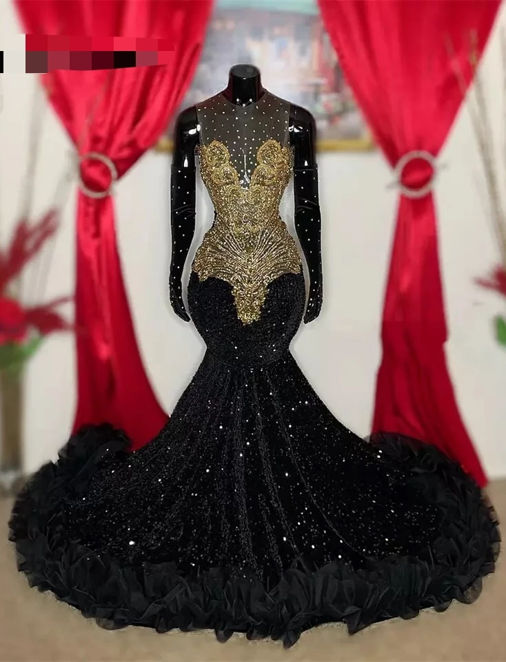 Vestidos largos de lentejuelas negras para mujer, vestido de fiesta de noche Formal de lujo con apliques de cuentas doradas de sirena, Sexy, sin espalda, africano, 2023