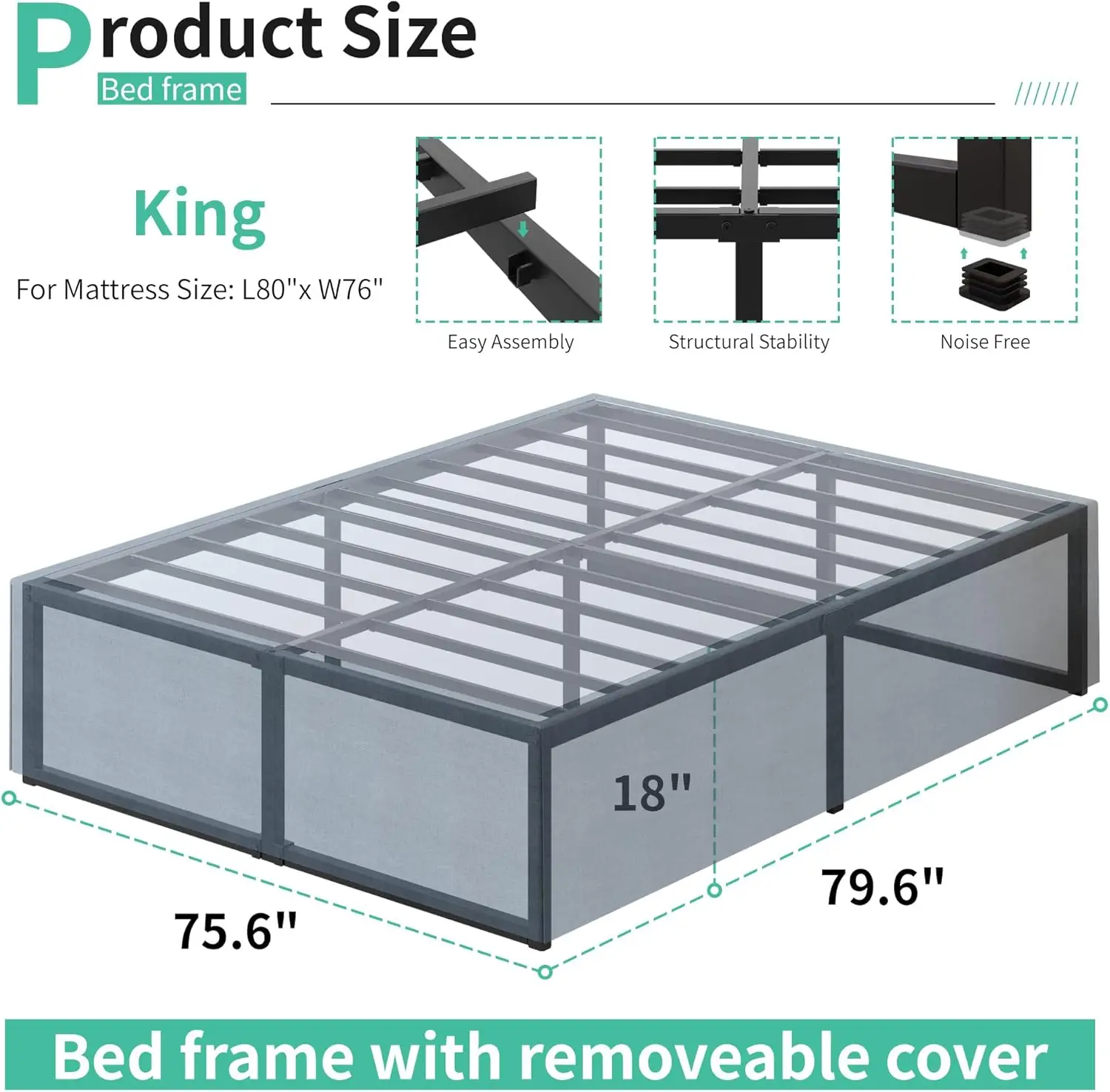 18 Inch King Bed Frame With Storage Bed Cover Skirt, Heavy Duty Metal Full Platform Bed Frame No Box Spring Needed, Easy