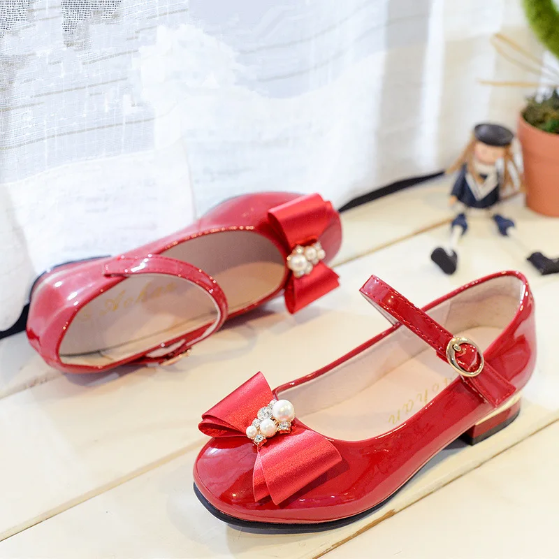 2023 Girls Shoes High Quality Japanned Leather Flats Girls Butterfly-knot Crystal Princess Leather Shoes обувь для девочек