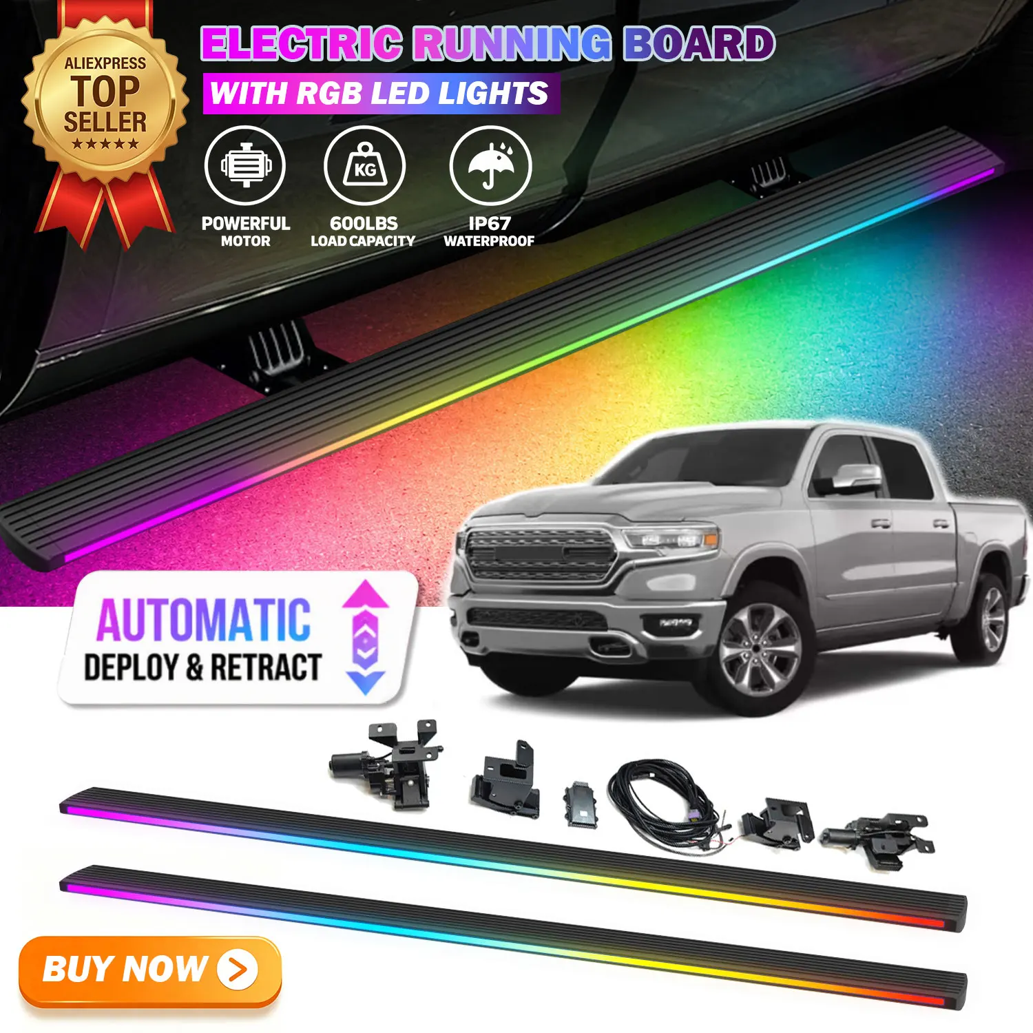 Deployable Power Electric Running Boards Fits For Dodge Ram 1500 2500 2019-2023 with LED Light Strips Side Step Nerf Bars