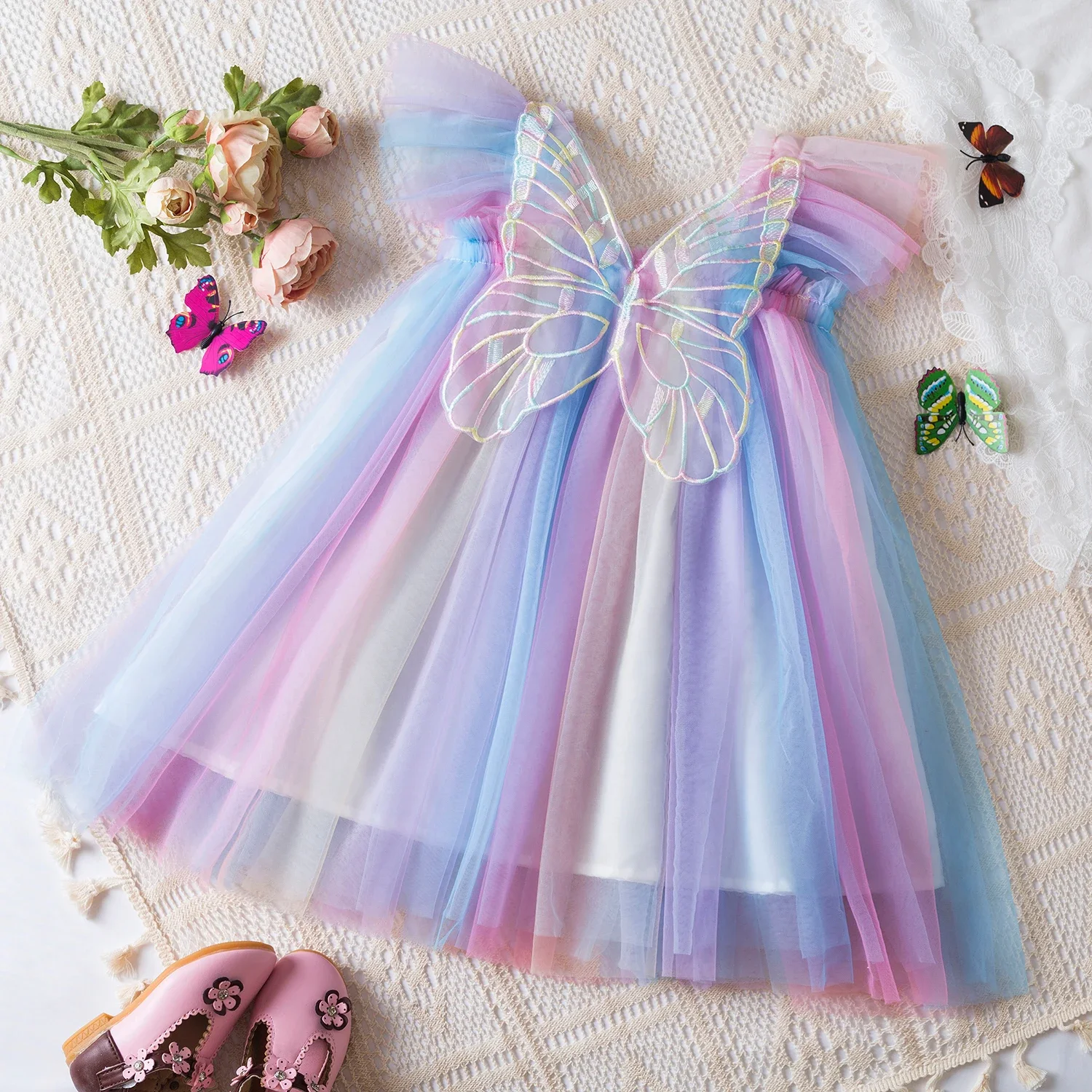 Baby Girls Gradient Rainbow Tulle Sling Dress 3D Butterfly Mesh Vestido Vintage Children Wedding Birthday Party Princess Dresses