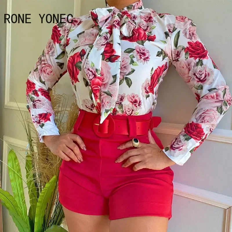 

Women Casual Allover Floral Print Top & Solid Bottom Long Puff Sleeves with Belt Short Sets