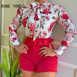 Women Casual Allover Floral Print Top & Solid Bottom Long Puff Sleeves with Belt Short Sets