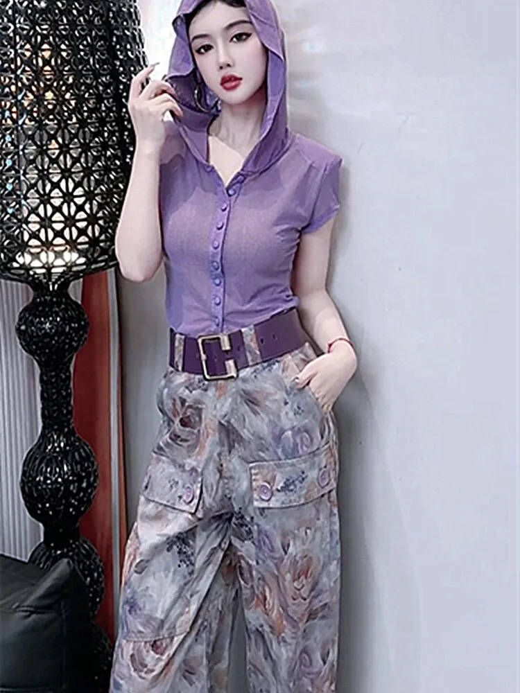 

High end fashion suit for summer women 2025 new hooded short sleeved top dyed straight leg jeans street two-piece set