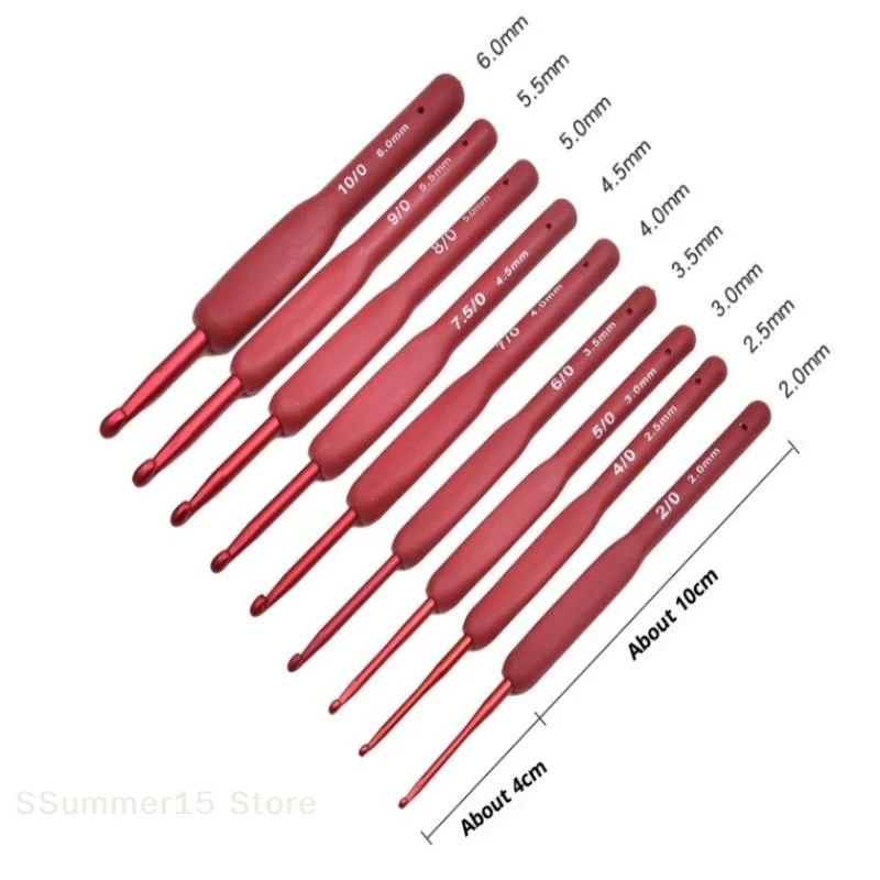 【R】9PCS Red Crochet Hook Ergonomic Handle For Arthritic Hands Extra Long Knitting Needles For Beginners And Crocheting Yarn