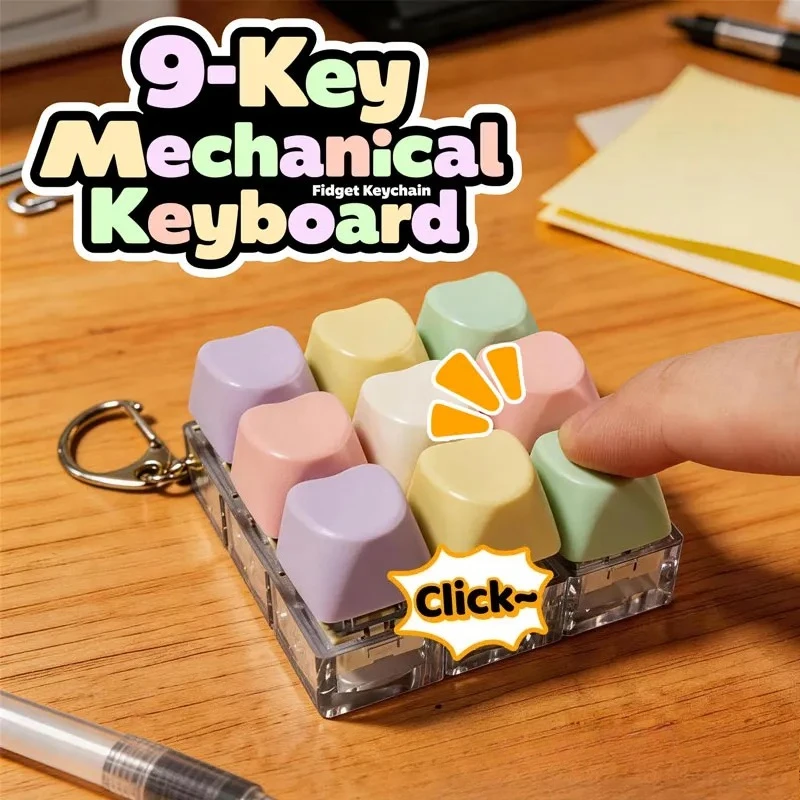 9-Key Heart Shape Mechanical Clicker Keychain, ASMR Sound Fidget Toy, Stress Relief Bag Pendant Novelty Gift for Adults Teens
