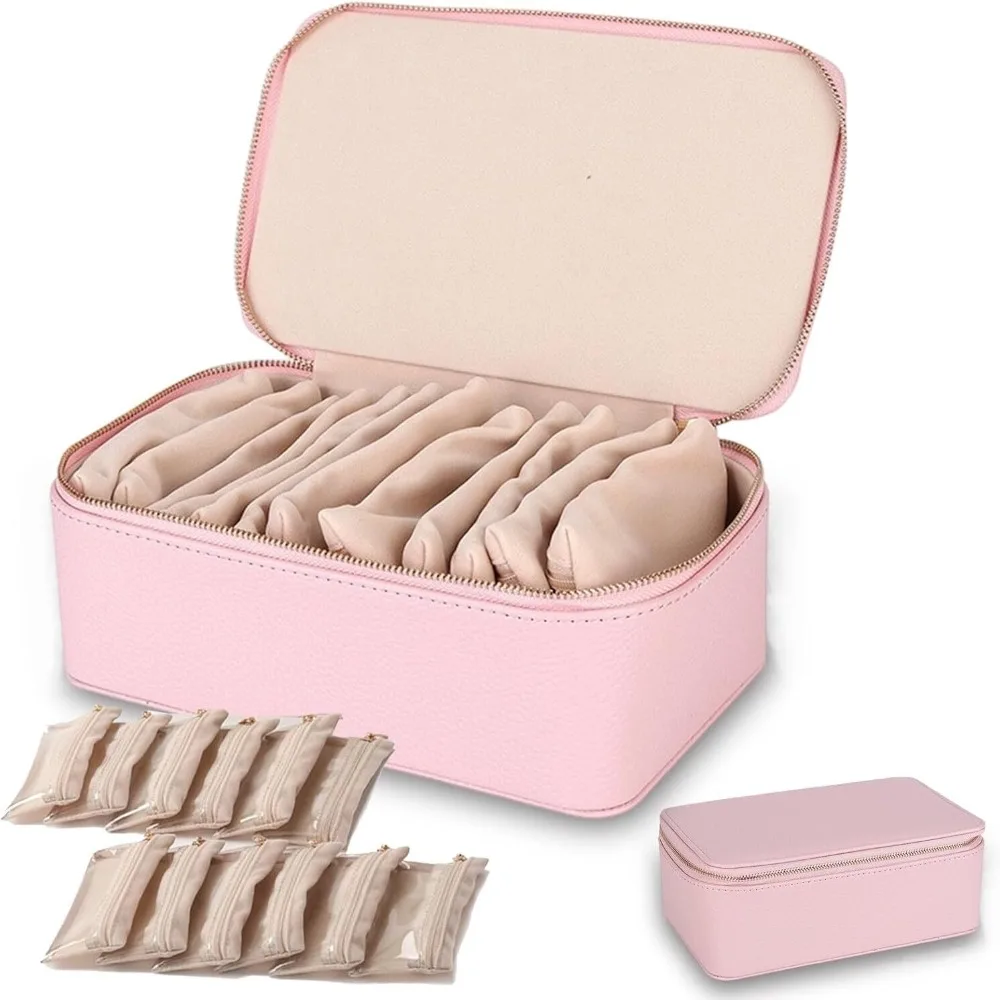 

New Portable Travel Jewelry Box PU Leather Large Capacity Earring Storage Case with 6/12pcs Small Pouches Jewelry Storage Box