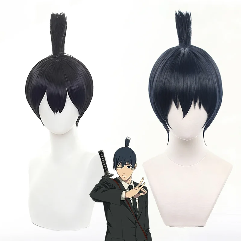 Peluca de motosierra de Anime para hombre Hayakawa Aki, peluca de Cosplay para adultos, pelo corto negro y azul, pelucas sintéticas resistentes al calor, accesorio de Carnaval para Halloween