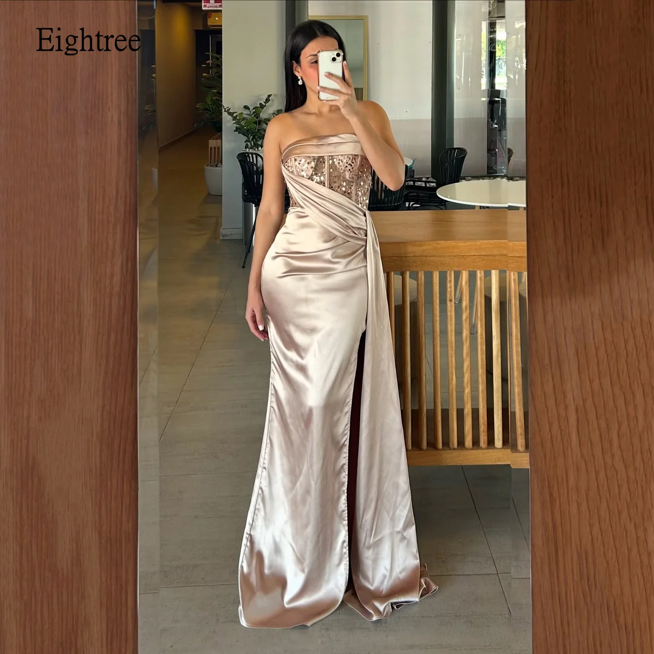 Eightree Sexy Shiny Strapless Formal Prom Gowns Mermaid Evening Dress Side Slit Floor Length Party Dresses Customized