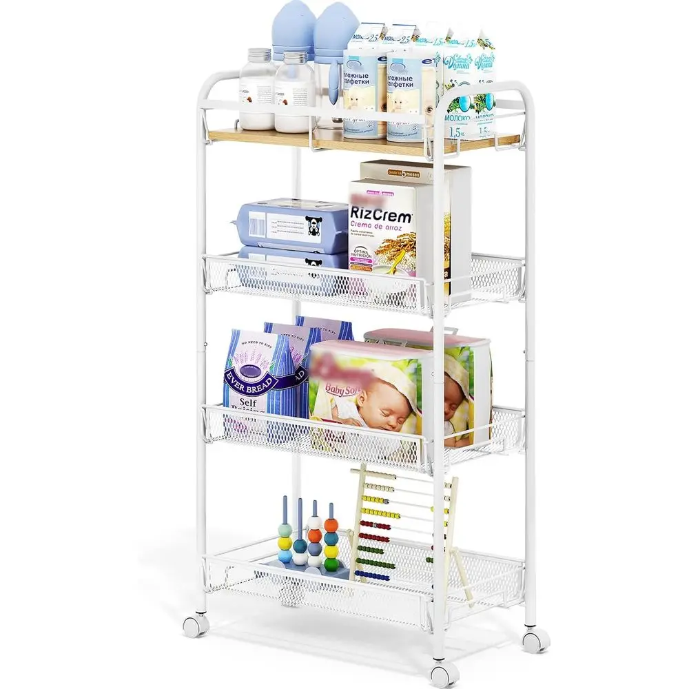 

4-ярусная металлическая тележка для хранения с деревянной столешницей и сетчатыми корзинами для кухни, ванной, прачечной и спальни