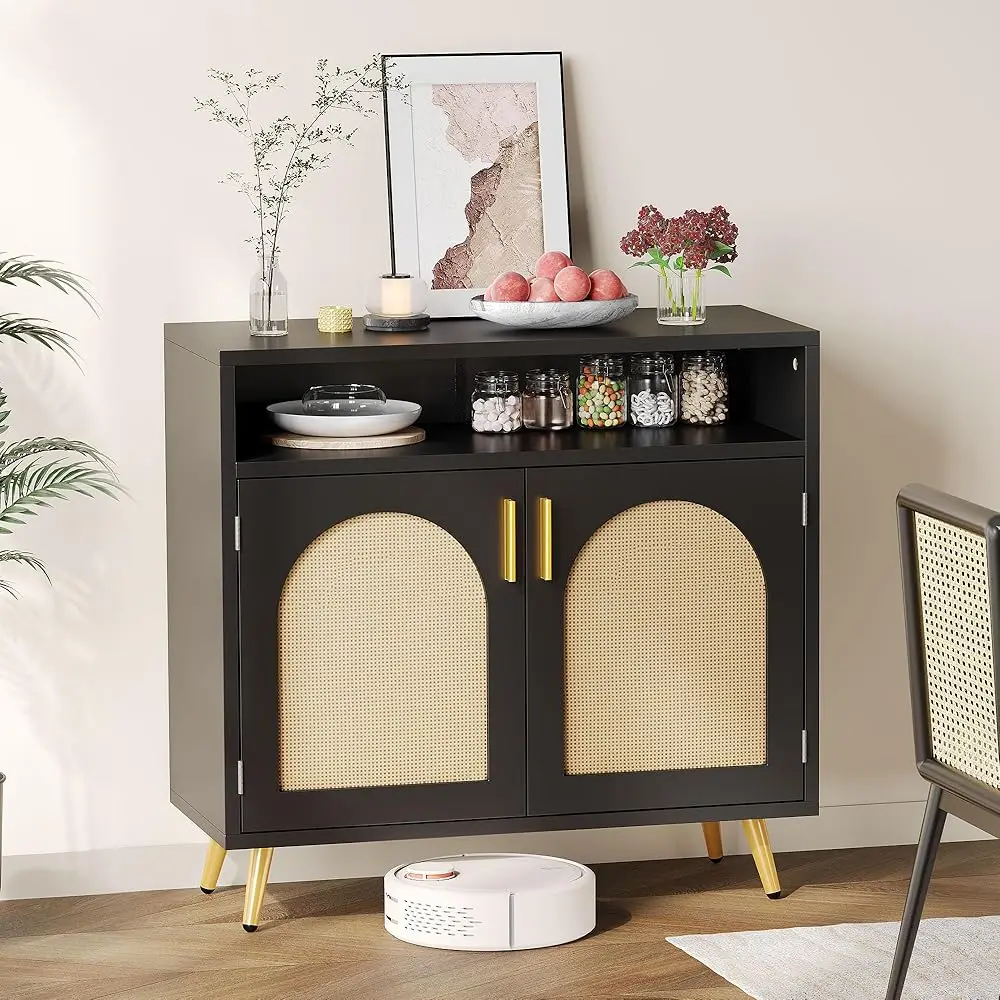 

Buffet Sideboard Cabinet, Accent Storage Cabinet With Natural Rattan Doors And Adjustable Shelves For Kitchen, Living Room And