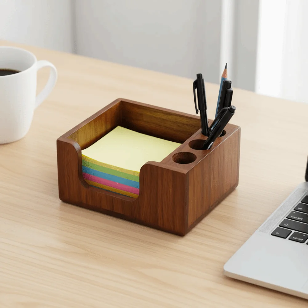Nordic Style Wooden Desk Organizer Rectangular 3 Pen Slots Sticky Note Holder Polished Surface Non-slip Sticky Note Stand Study