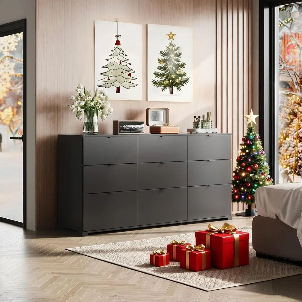 Large 63 Black Wooden Chest with Metal Handles for Bedroom, Living Room, and Hallway Storage