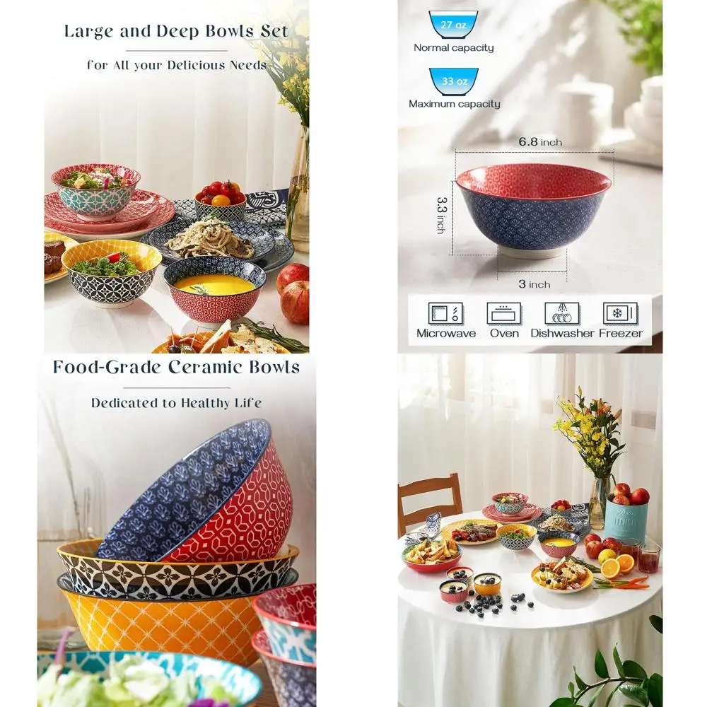 

6-Piece Large Deep Bowl Set - Ideal for Cereal, Pasta, Salad - Vibrant Colored Porcelain - Kitchen & Housewarming Gift - Dishwas