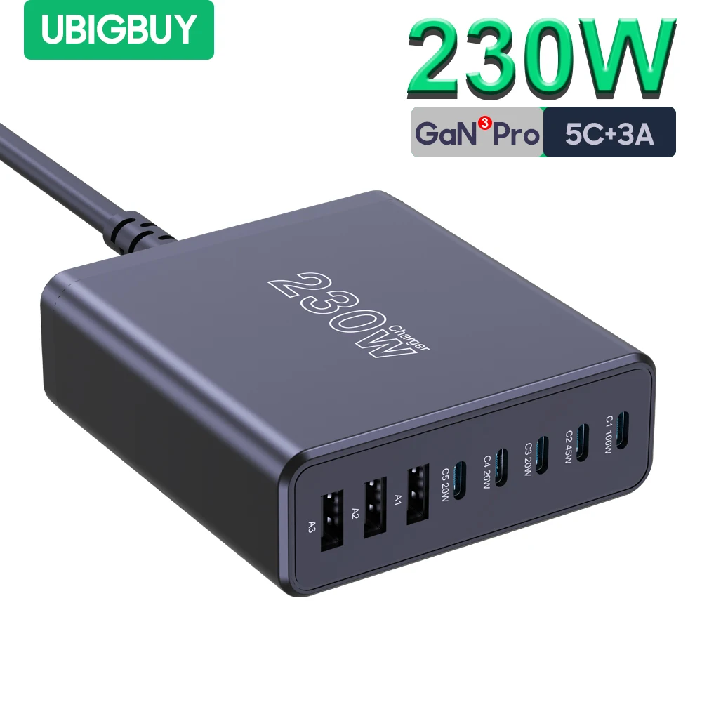 Ubigbuy 230W GaN Charger Desktop Laptop Fast Charger 8 in 1 Adapter For iPhone 15 14 Pro Max Xiaomi Samsung Tablets Phone Charge