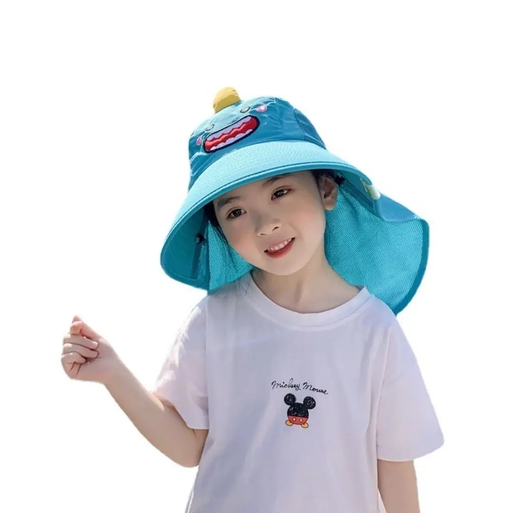 Cartoon Dinosaur Children Sun Hat Portable Foldable Fashionable Neck Ear Cover Wide Brim Breathable Beach Caps Summer