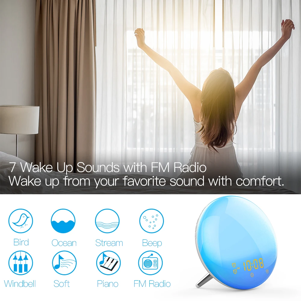 Moes WiFi Wake Up Smart Light Alarm Clock with 7 Colors Sunrise Sunset Simulation Tuya APP Control Works with Alexa Google Home