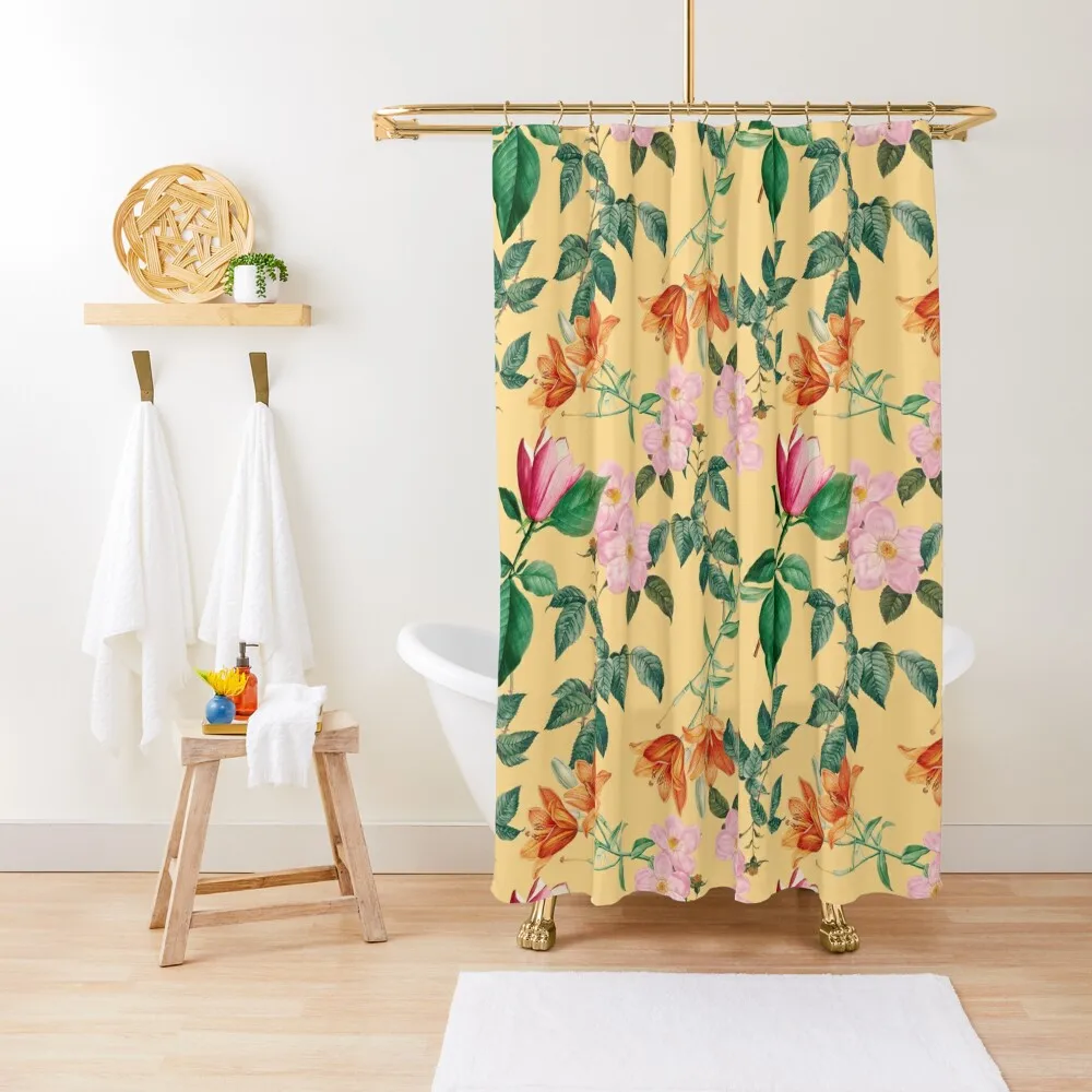 

Soft Yellow Floral Ascent Shower Curtain For Bathroom Shower Waterproof Bath And Anti-Mold Shower Set Curtain