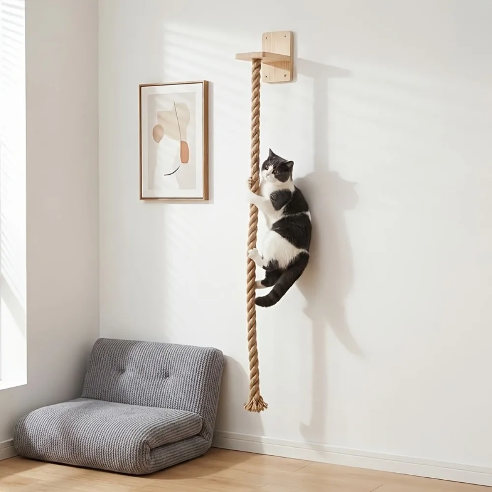 Wandmontierter Katzen-Kratzbaum aus Natürlichem Sisal-Hanfseil, Vertikales Katzenkletterseil, Platzsparendes Katzenspielzeug für Innenräume mit Holzplattform