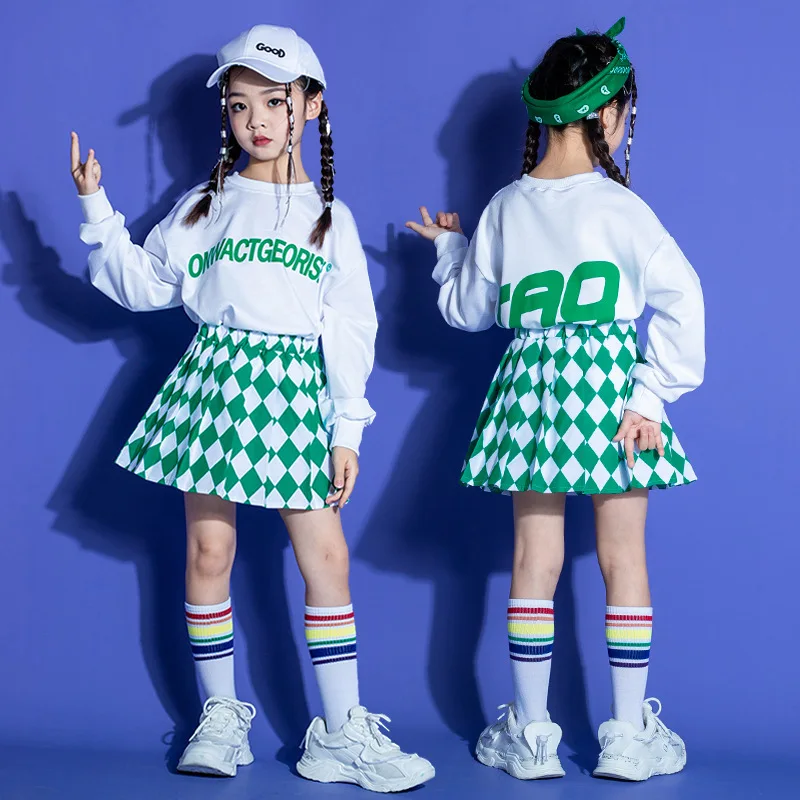 Kinder Hip Hop Kleidung Weißes Sweatshirt Grün Kariert Street Jogger Hosen Faltenrock für Mädchen Jungen Jazz Dance Kostüm Kleidung