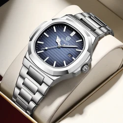 QINGXIYA New Fashion Square Men Business Watch Leisure Quartz Stainless Steel Watches Waterproof Luminous Calendar Men's Watches