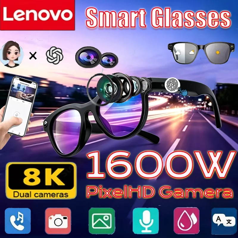 

Lenovo 8K Camera Smart AI Glasses New 1600MP HD Color Changing Chat GPT Translate Bluetooth Call Music Control Voice Assistant