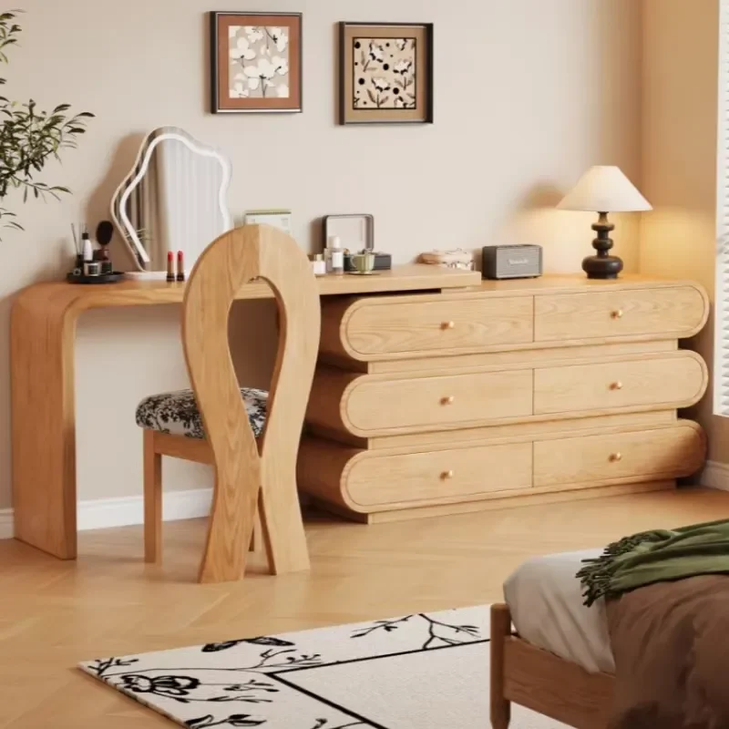 Modern Foldable Rubberwood Dressing Table with Mirror for Bedroom Makeup and Space Saving Storage