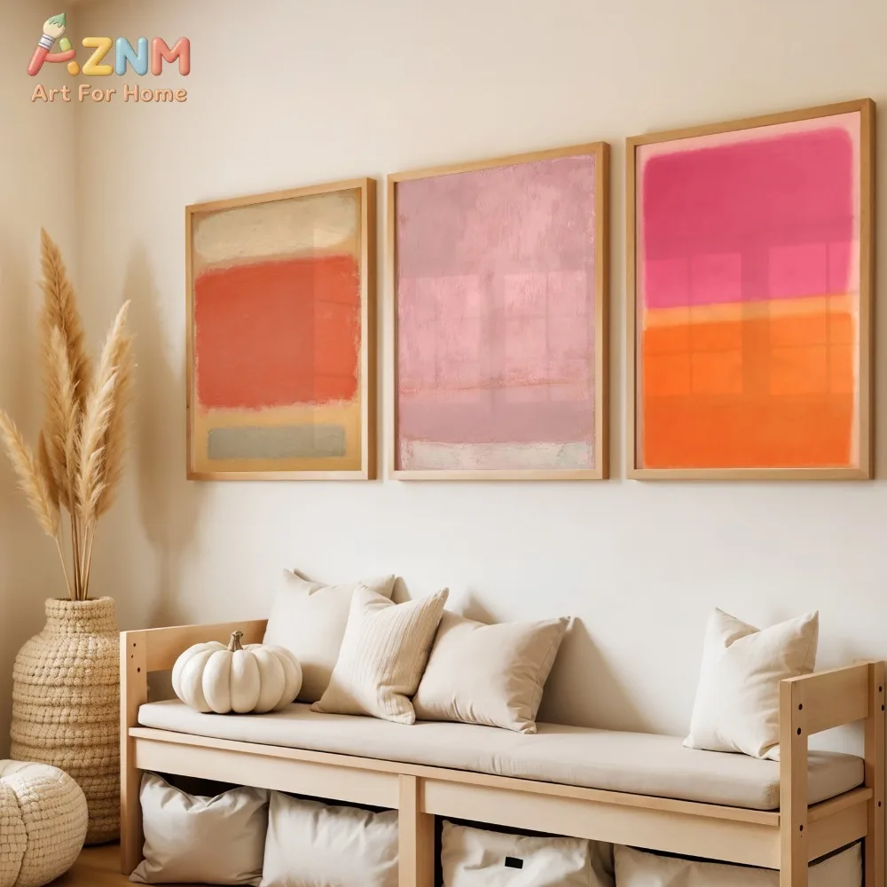 AZNM Modern Abstract Color Block Canvas Wall Art, Pink Orange Red Rothko Style Print Poster, Unframed Single Piece Decorative Pa