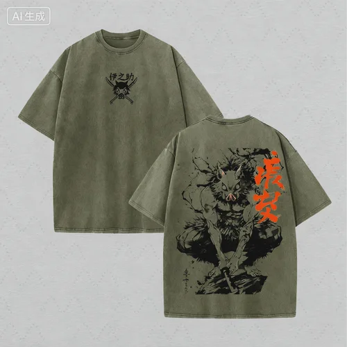Imagen 1 del producto Camiseta gráfica Manga Demon Slayer Inosuke, camiseta Vintage lavada de gran tamaño 3d, ropa para hombres y mujeres, camisetas de manga corta de algodón de verano