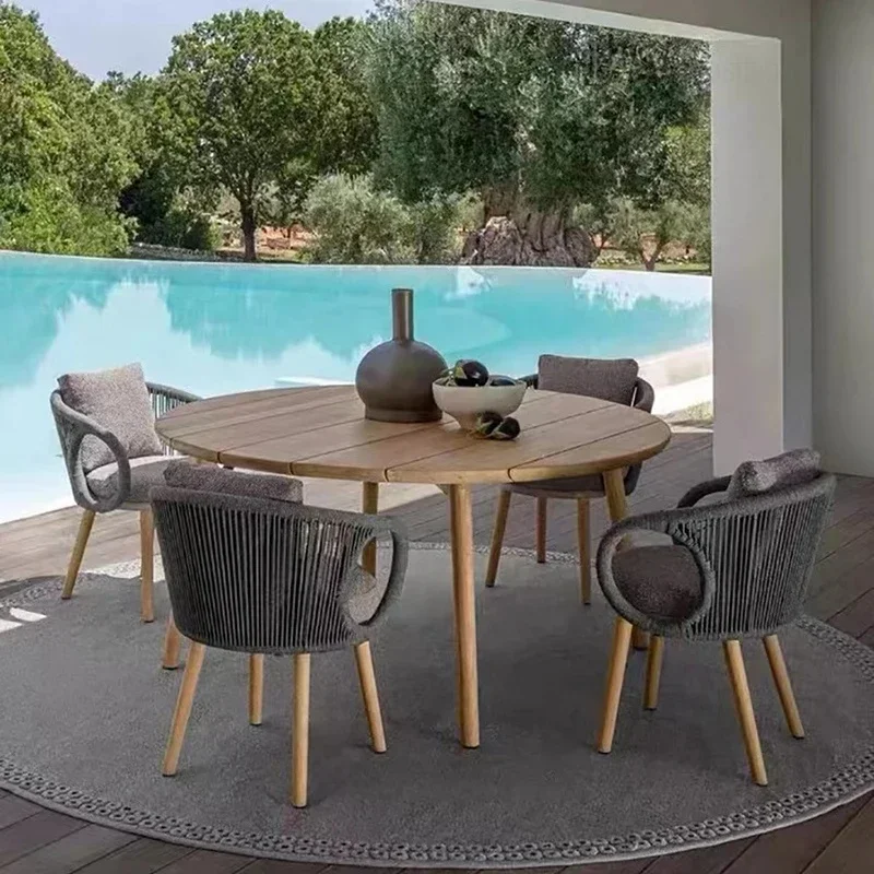 

Teak Backrest Outdoor Chair, Nordic Rattan Sun-Proof Design, Light Luxury High-End Furniture for Patio and Terrace