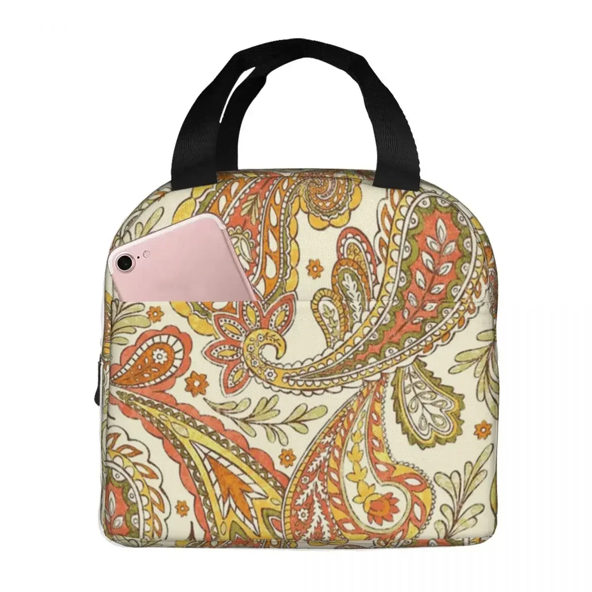 

Fall Paisley Pattern Lunch Bags Portable Insulated Oxford Cooler Bag Thermal Picnic Travel Lunch Box for Women Girl