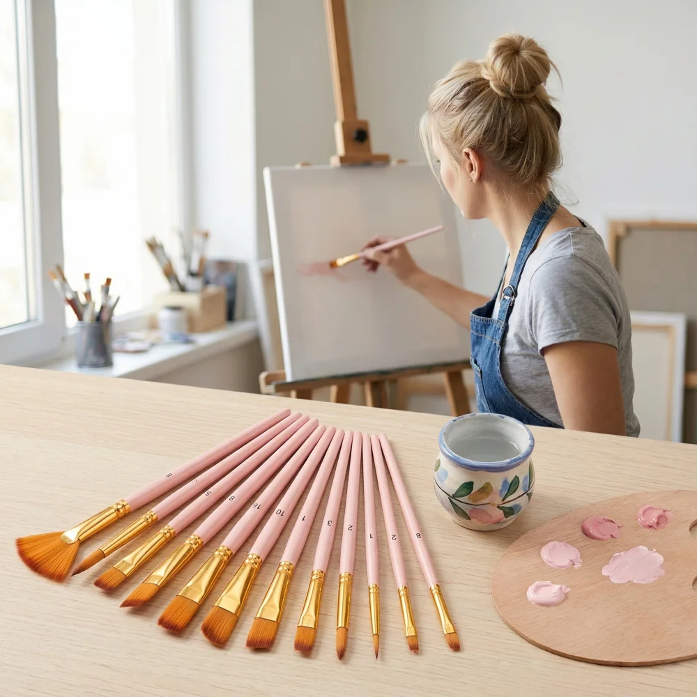 12Pcs Beginner Paint Brushes Set, Round Tip Nylon Brushes for Oil Watercolor Acrylic, Pink/Black Handle Canvas Art Supplies