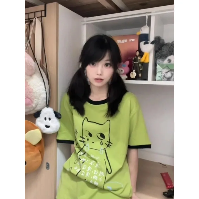 Japanese Harajuku Cat Print Short-sleeved T-shirt Vintage Green Women Tees Summer 2024s Girl Fairycore Color Cute Graphic Tops