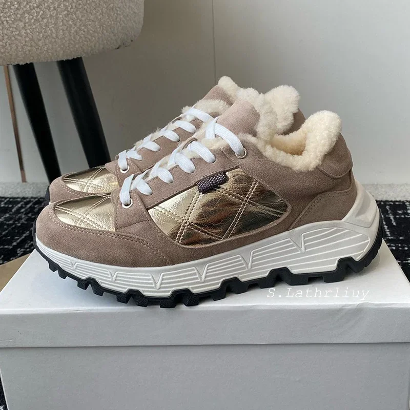 Women's Mixed Color Patchwork Thick Bottom Sneakers Round Toe Lace Up Flat Shoes Autumn Winter Warm Wool Lining Casual Shoes