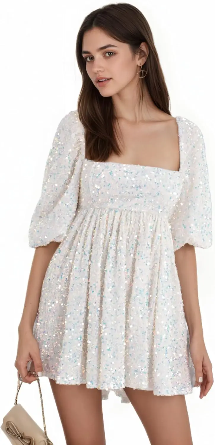 Short Sleeves Homecoming Dresses for Teens Sparkly Sequin Square Neck Short Prom Dress for Women 2026 Graduation Party Dresses