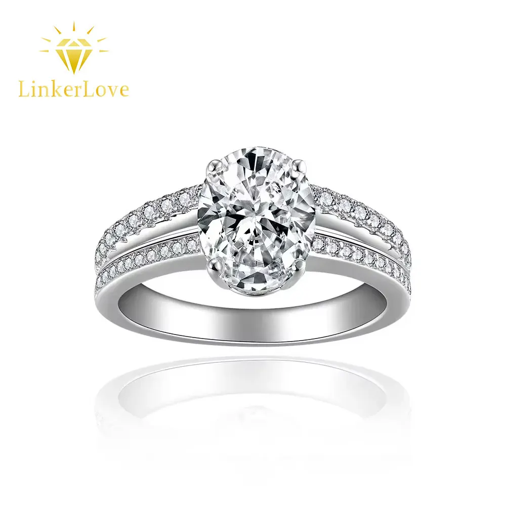 LinkerLove 2CT Oval Moissanite Engagement Ring for Women S925 Sterling Silver Split Shank Wedding Band Stackable Diamond Ring