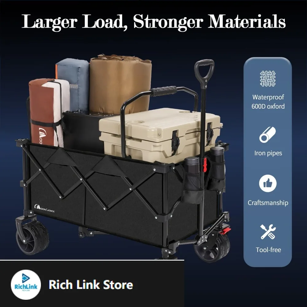 

Large Collapsible Foldable Wagon Cart, 220L Heavy Duty Folding Utility Wagon with All-Terrain Big Wheels, Suiitable for Garden,